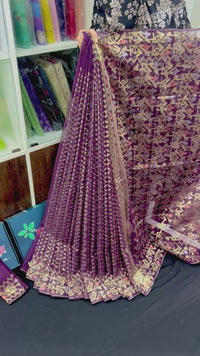 Dark bitrut dual toned exclusive halfsilk jamdani saree with golden silver & copper jori work