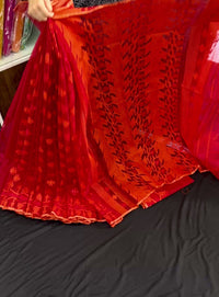 Maroon red jamdani saree with orange and red threads work
