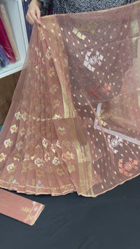 Nude mauve halfsilk jamdani saree with golden silver & copper jori work