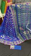 Blue halfsilk jamdani saree with golden silver & copper jori work