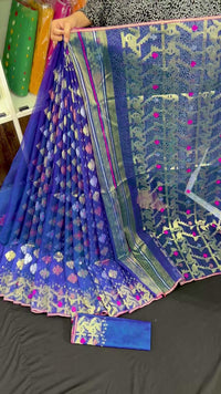 Blue halfsilk jamdani saree with golden silver & copper jori work
