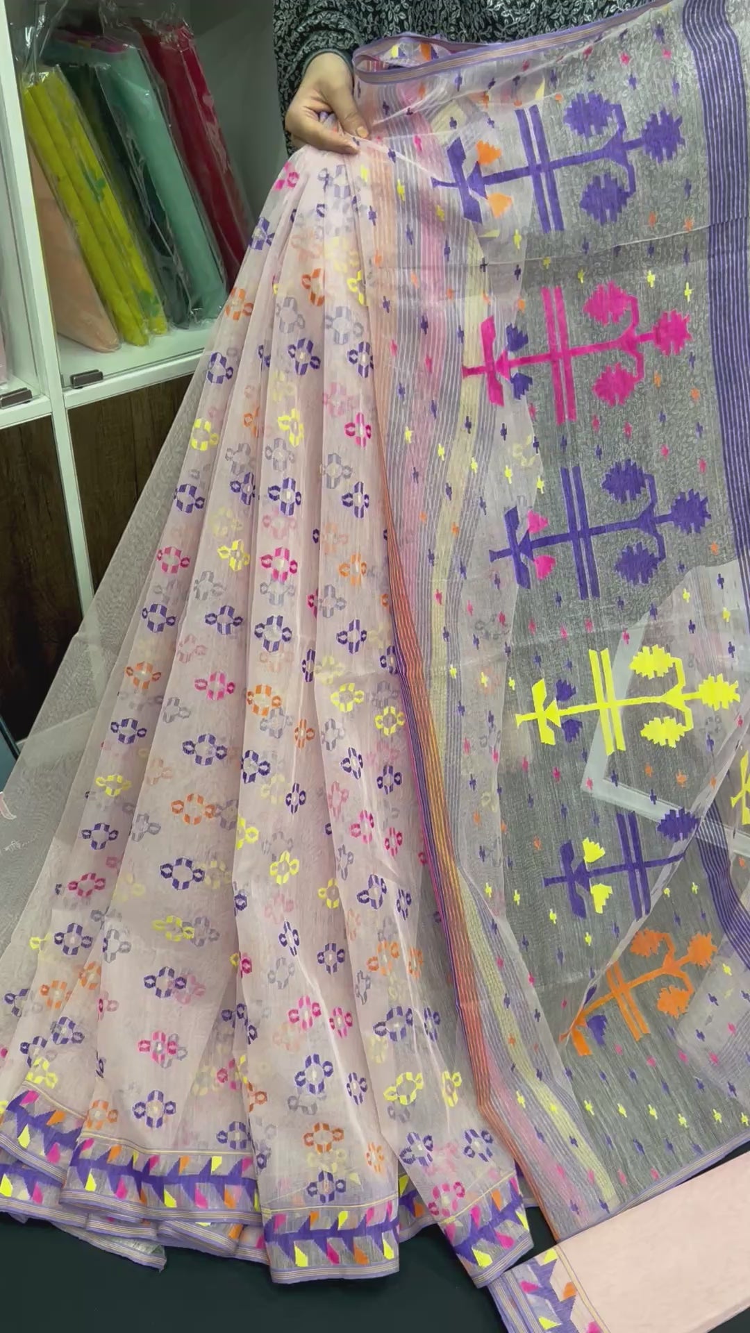 Off white handloom halfsilk original dhakai jamdani saree with multiple threads work