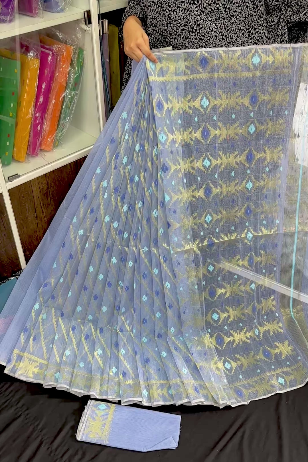 Surma colour halfsilk jamdani saree with golden jori work and blue threads work