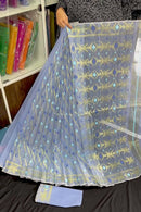 Surma colour halfsilk jamdani saree with golden jori work and blue threads work