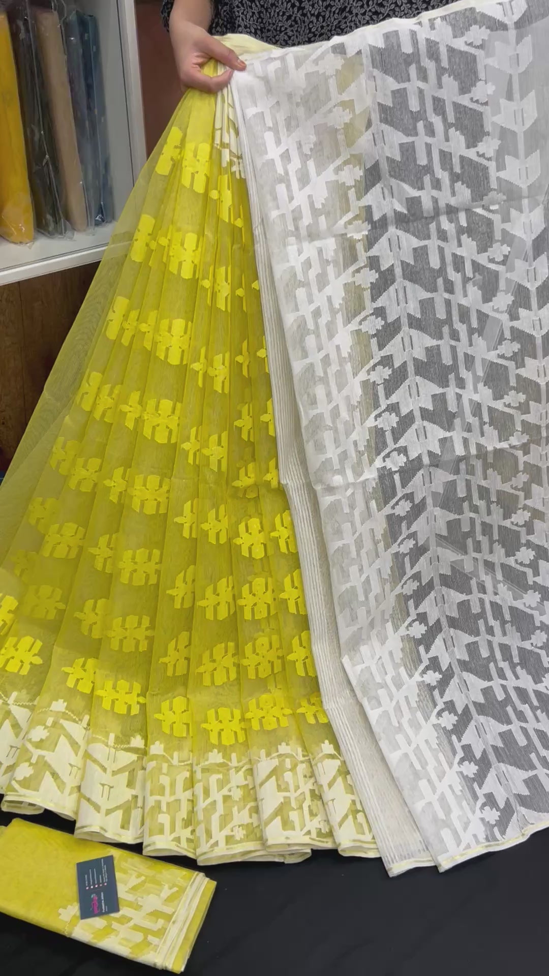 Yellow Colour Original Handloom Halfsilk Dhakai Jamdani With White Threads Work