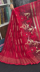 Red semi bridal halfsilk jamdani saree with golden jori work and red threads work