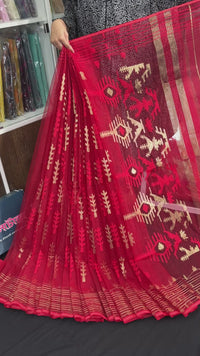 Red semi bridal halfsilk jamdani saree with golden jori work and red threads work