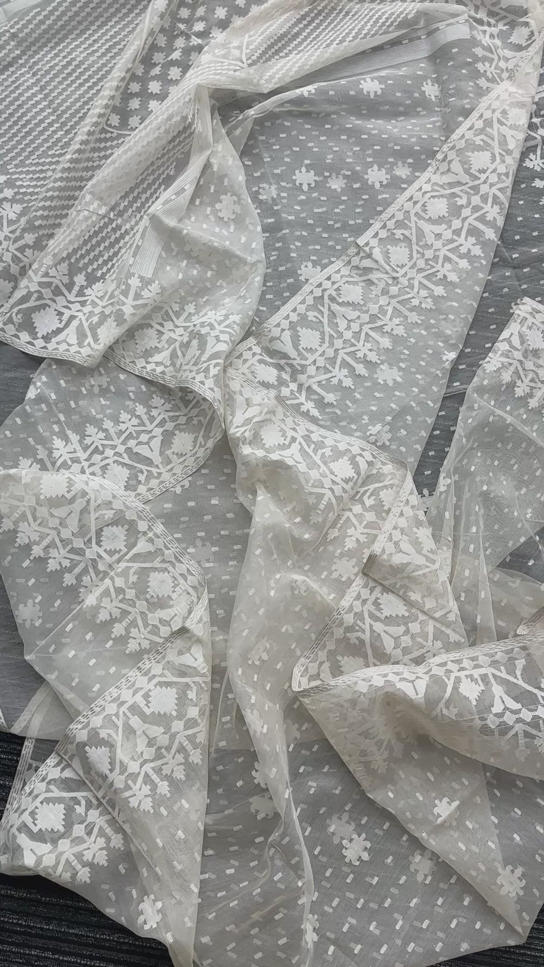 White exclusive halfsilk jamdani saree with white threads work and blouse piece