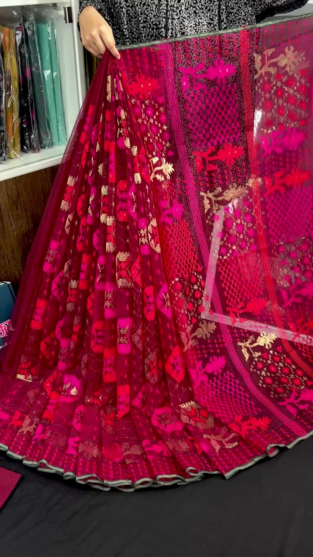 Redish Maroon bridal exclusive halfsilk jamdani saree with red magenta threads work and golden jori work