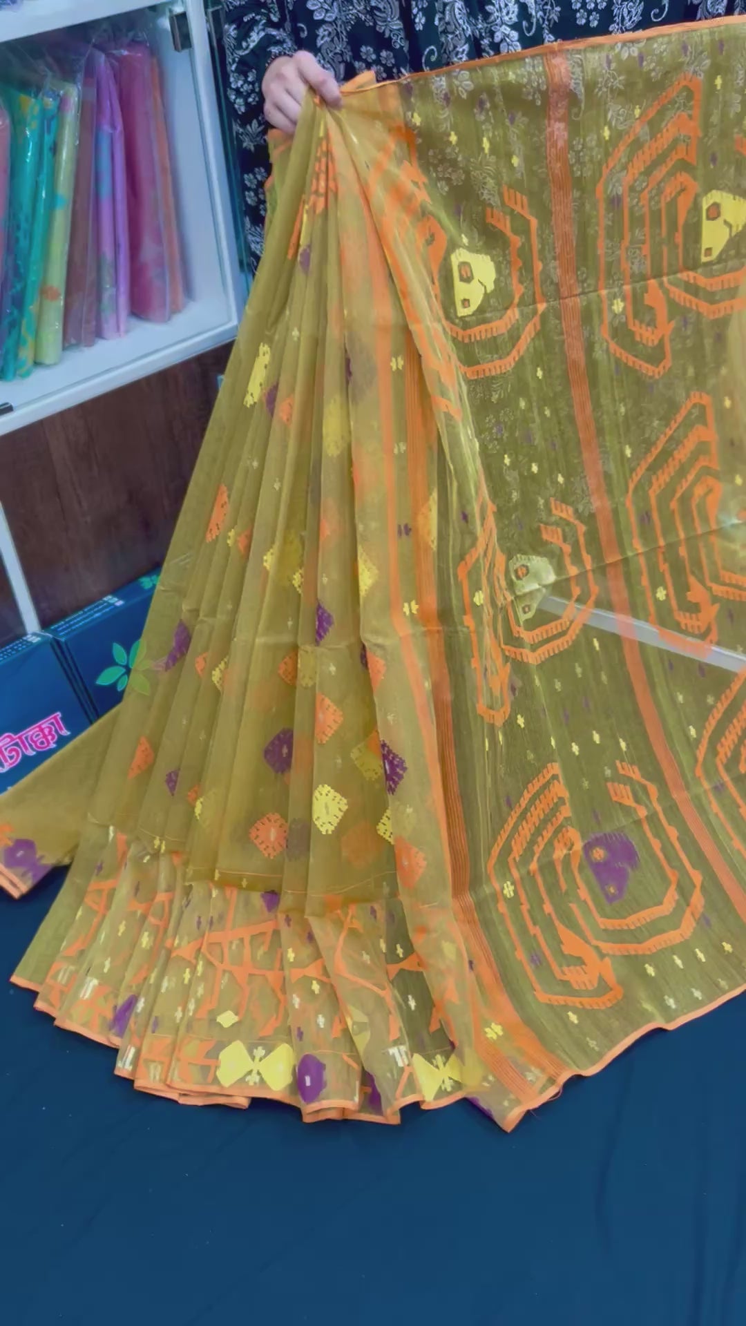 Olive exclusive halfsilk jamdani saree with yellow orange blue pink threads work