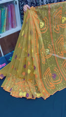 Olive exclusive halfsilk jamdani saree with yellow orange blue pink threads work