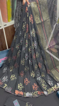 Black colour handloom halfsilk original dhakai jamdani saree with golden silver & copper jori work
