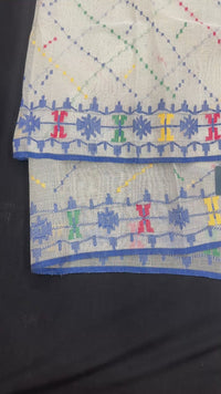 White cotton jamdani saree with blue yellow red green threads work& blouse piece.