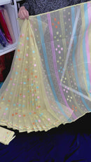 Baby yellow halfsilk jamdani saree with pink blue orange yellow threads work