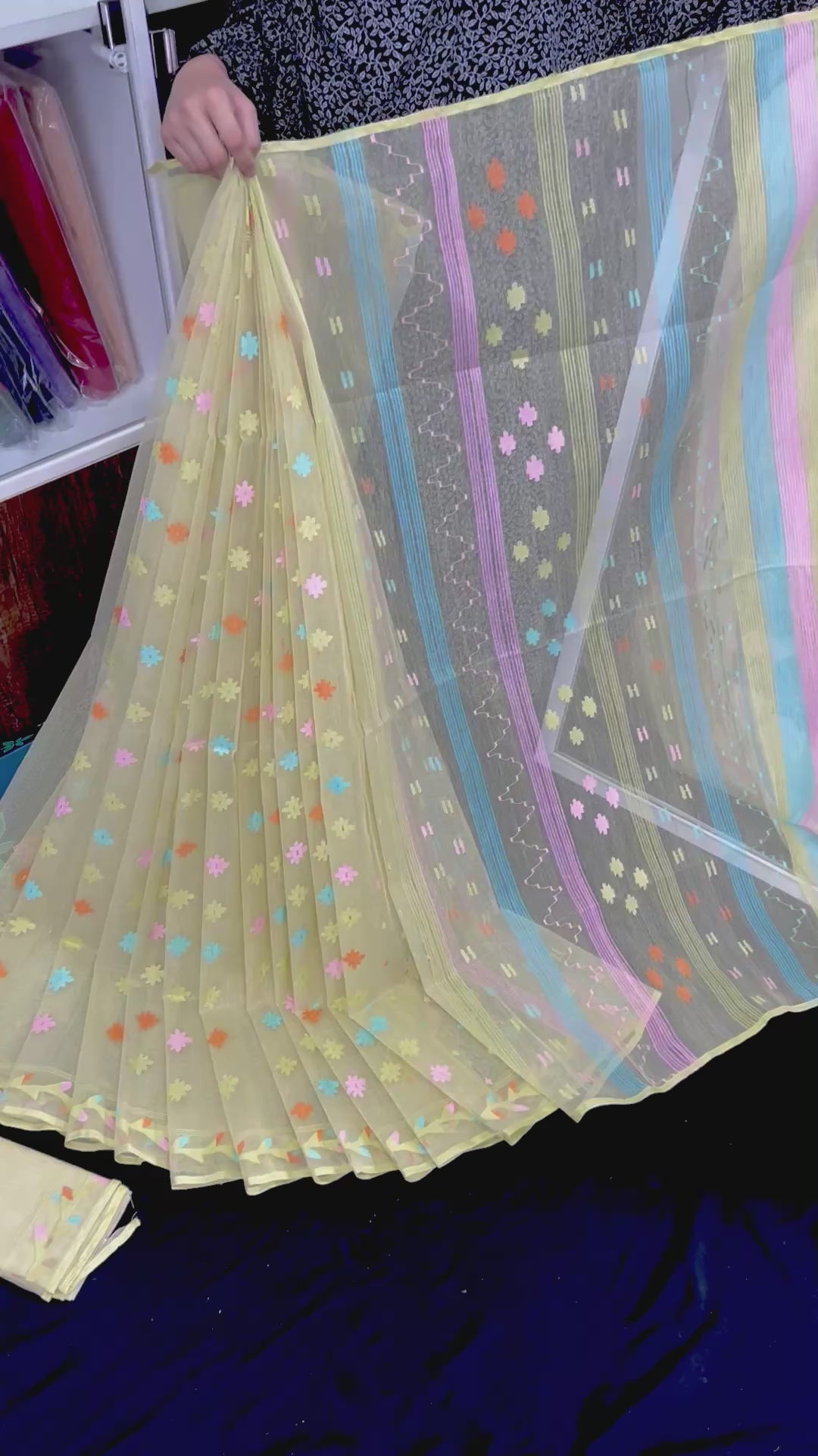 Baby yellow halfsilk jamdani saree with pink blue orange yellow threads work