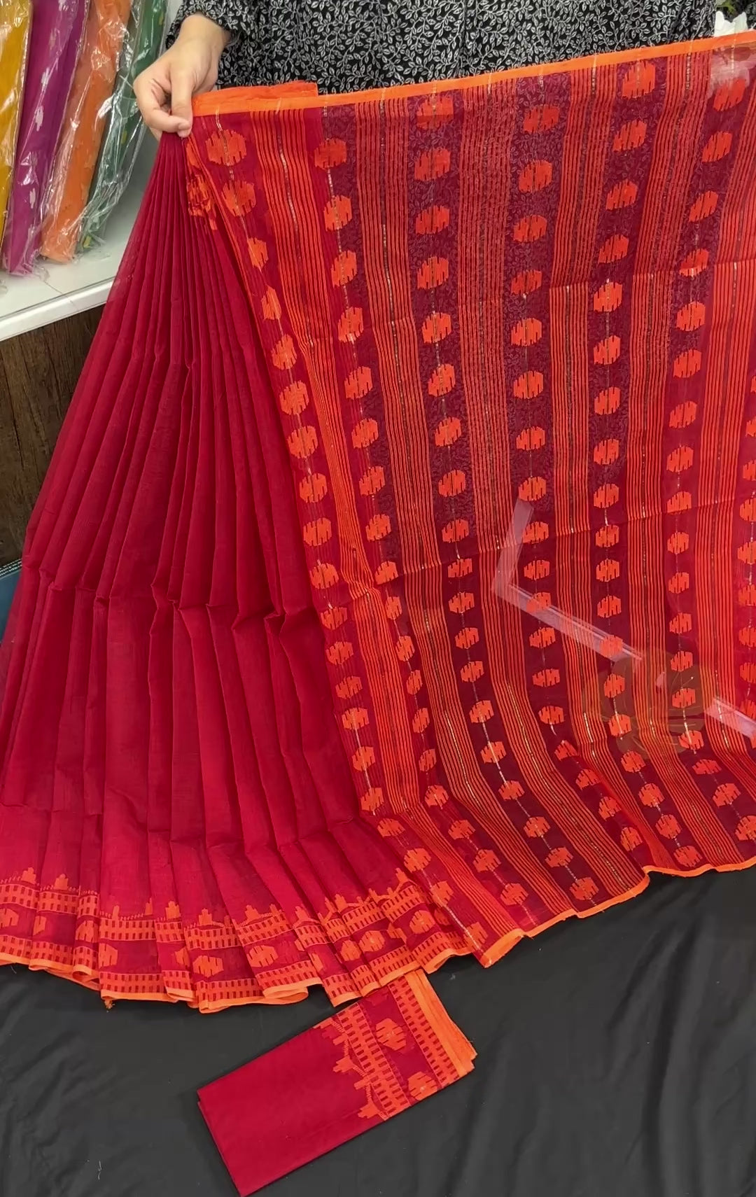 Red cotton jamdani saree with orange threads work