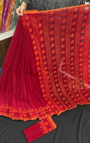 Red cotton jamdani saree with orange threads work