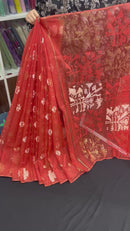Brick colour halfsilk jamdani saree with self threads work and off white threads work