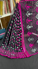 Black cotton jamdani saree with magenta threads work and silver jori work