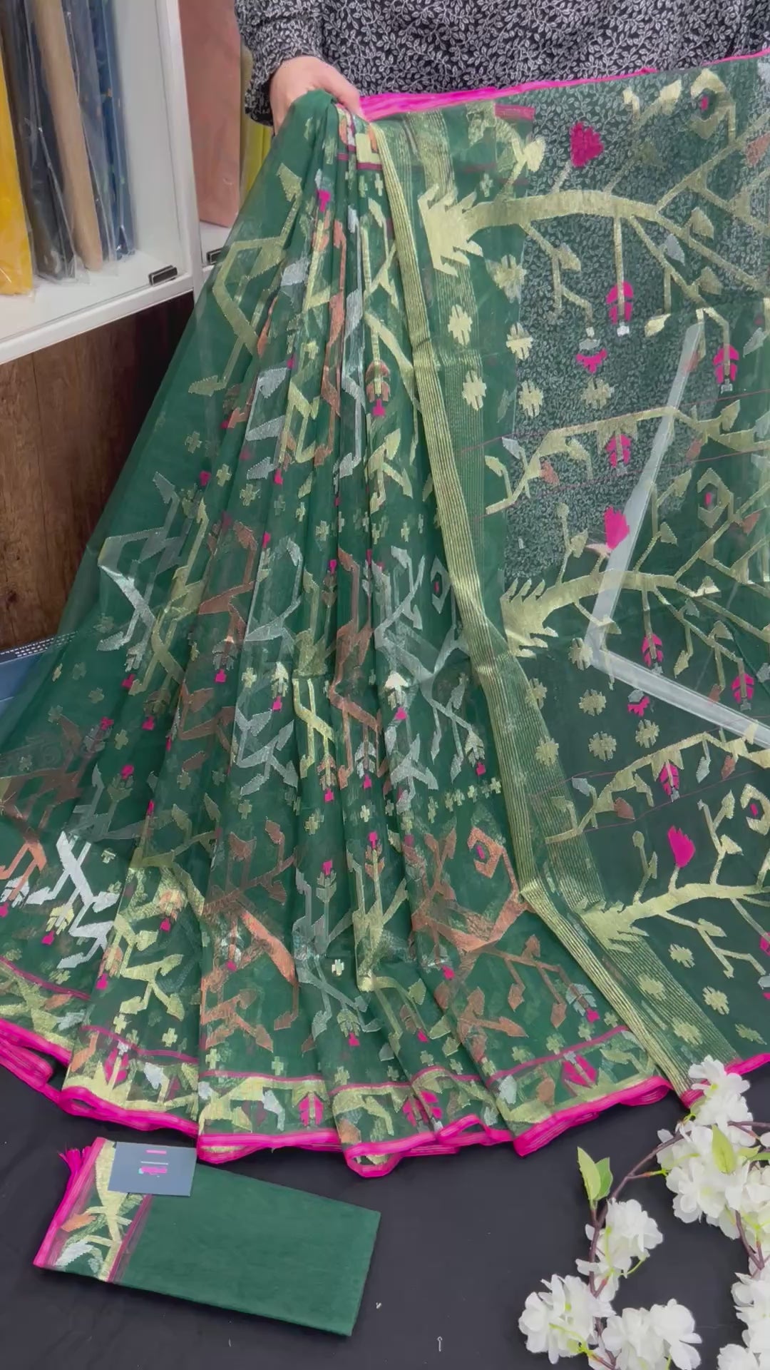 Green Colour Original Handloom Halfsilk Dhakai Jamdani With Golden Silver & Copper Jori Work
