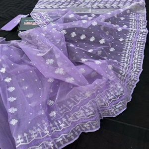 Floral Violet Jamdani Saree 84 Count with Blouse