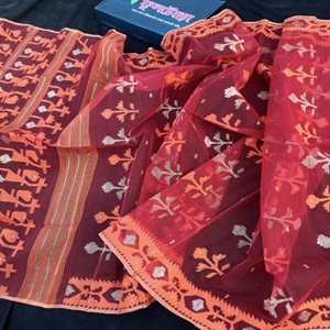 Turkey Red Jamdani Saree 84 Count with Blouse