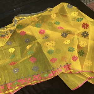 Yellow Multicolor Jamdani Saree 84 Count with Blouse