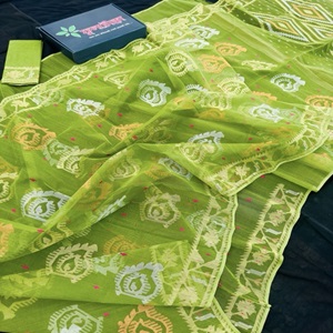 Lime Green Handloom Jamdani Saree 84 Count with Blouse