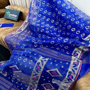 Royal Blue Jamdani Saree 84 Count with Blouse